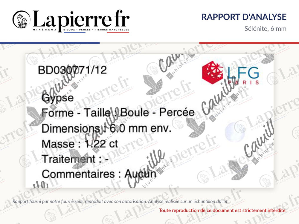 Rapport d'analyse des perles en sélénite 6 mm, La Pierre FR