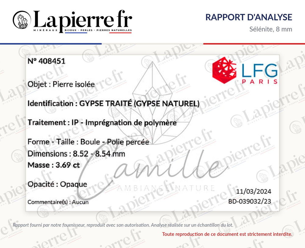 Rapport d'analyse des perles en sélénite 8 mm, La Pierre FR