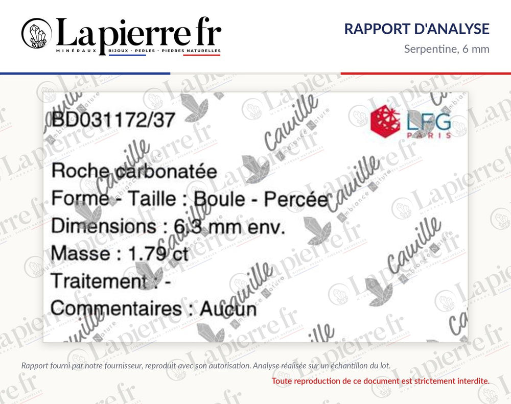 Rapport d'analyse des perles en serpentine 6 mm, La Pierre FR