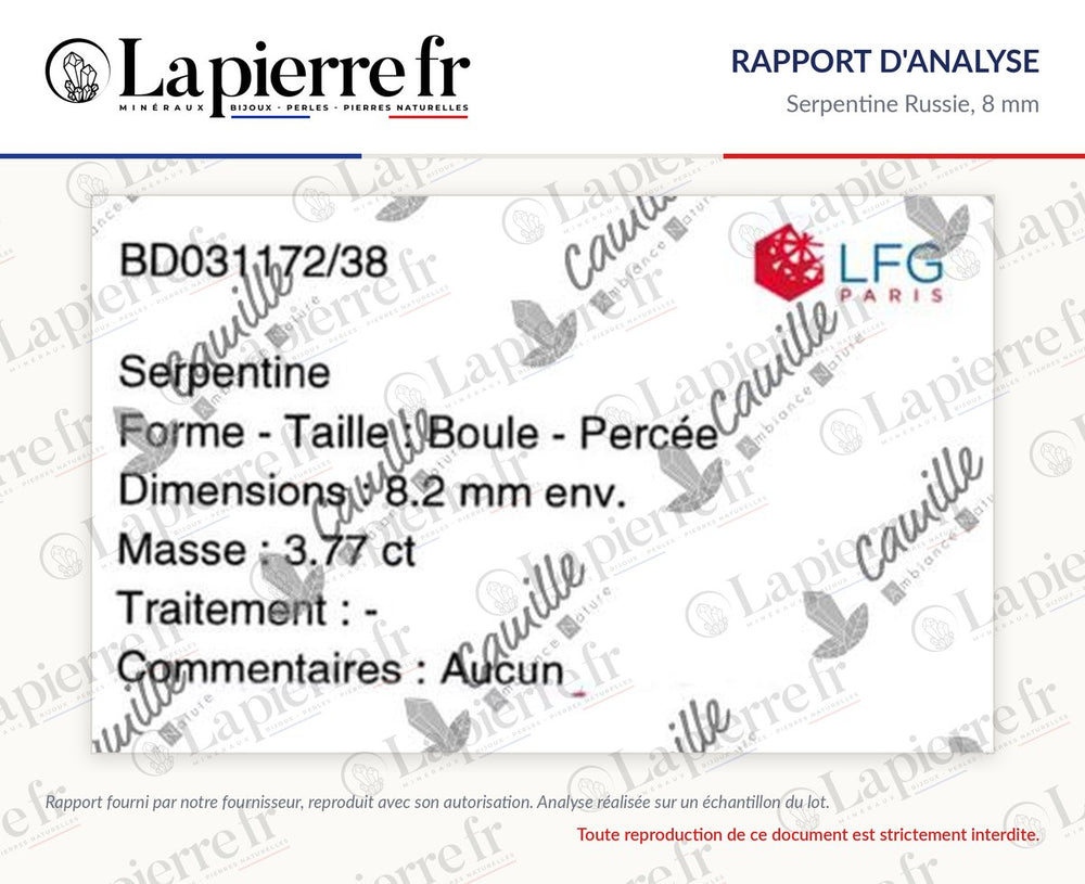Rapport d'analyse des perles en serpentine Russie 8 mm, La Pierre FR