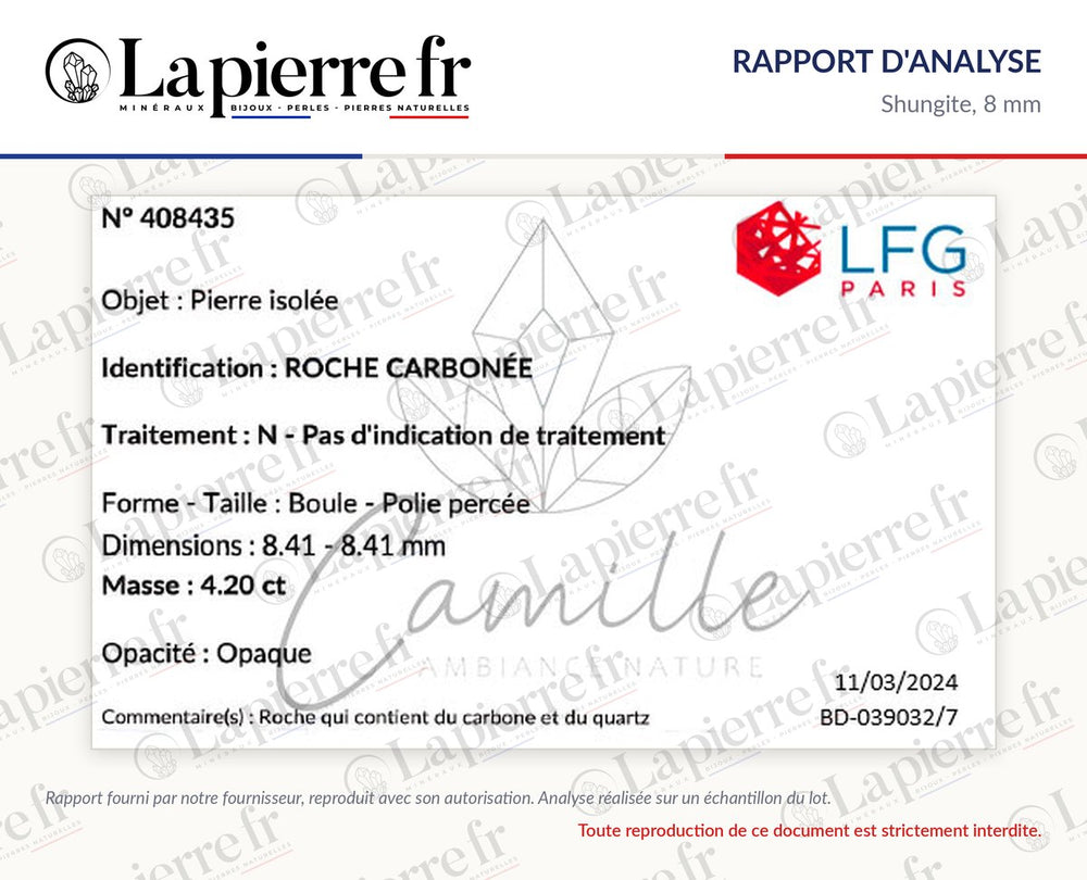 Rapport d'analyse des perles en shungite 8 mm, La Pierre FR