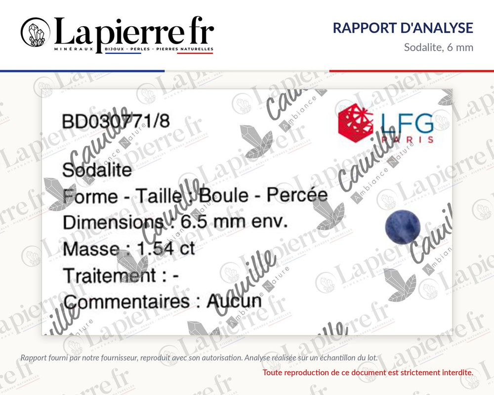 Rapport d'analyse des perles en sodalite 6 mm, La Pierre FR