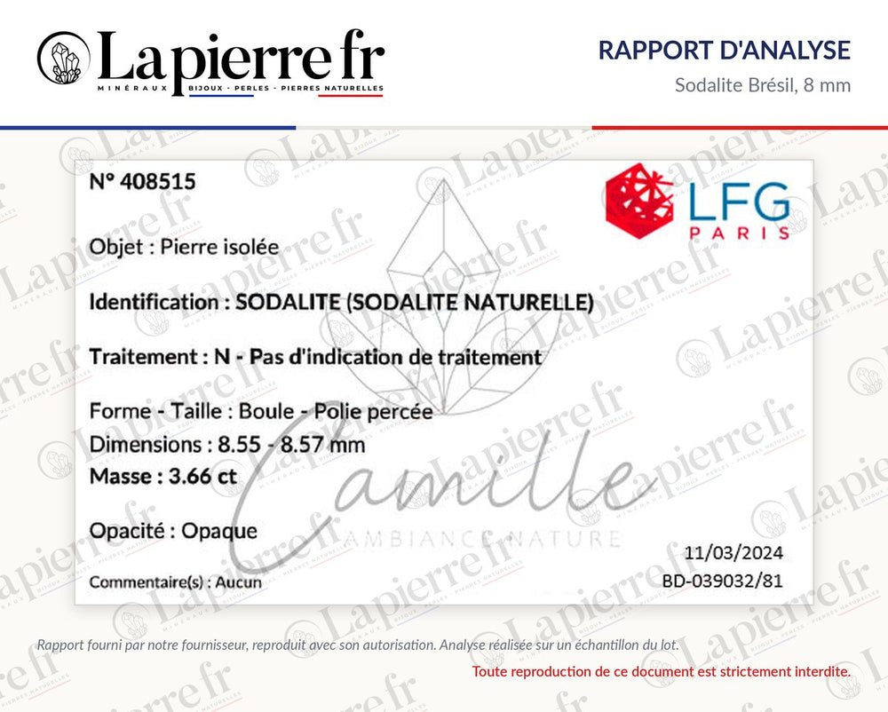 Rapport d'analyse des perles en sodalite Brésil 8 mm, lot de juin 2024, La Pierre FR