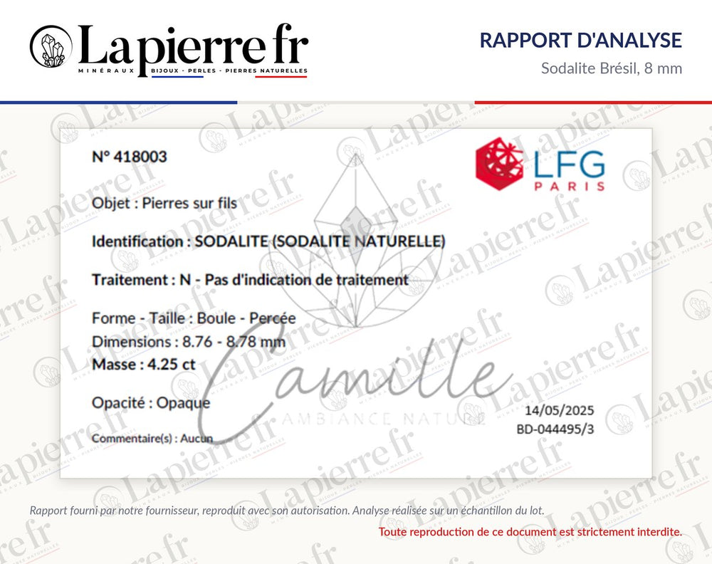 Rapport d'analyse des perles en sodalite Brésil 8 mm, lot de juin 2025, La Pierre FR