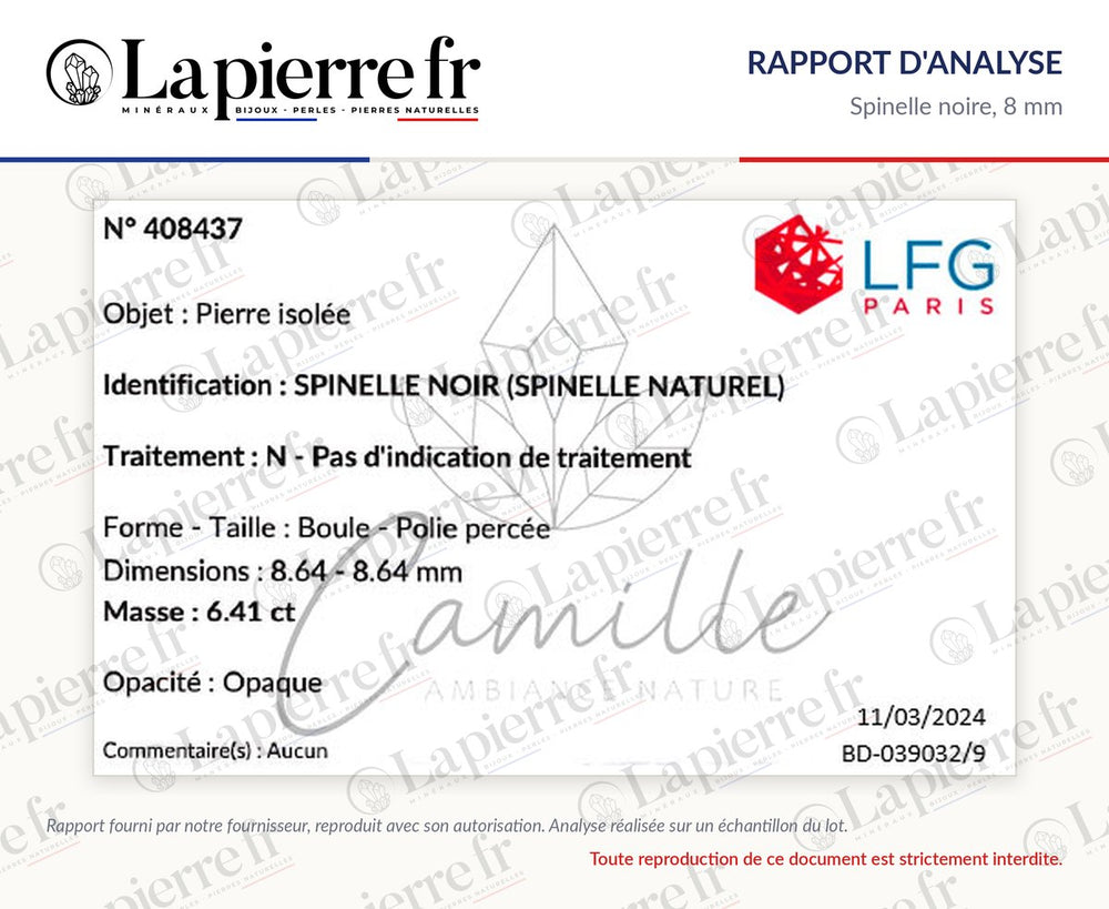 Rapport d'analyse des perles en spinelle noire 8 mm, La Pierre FR