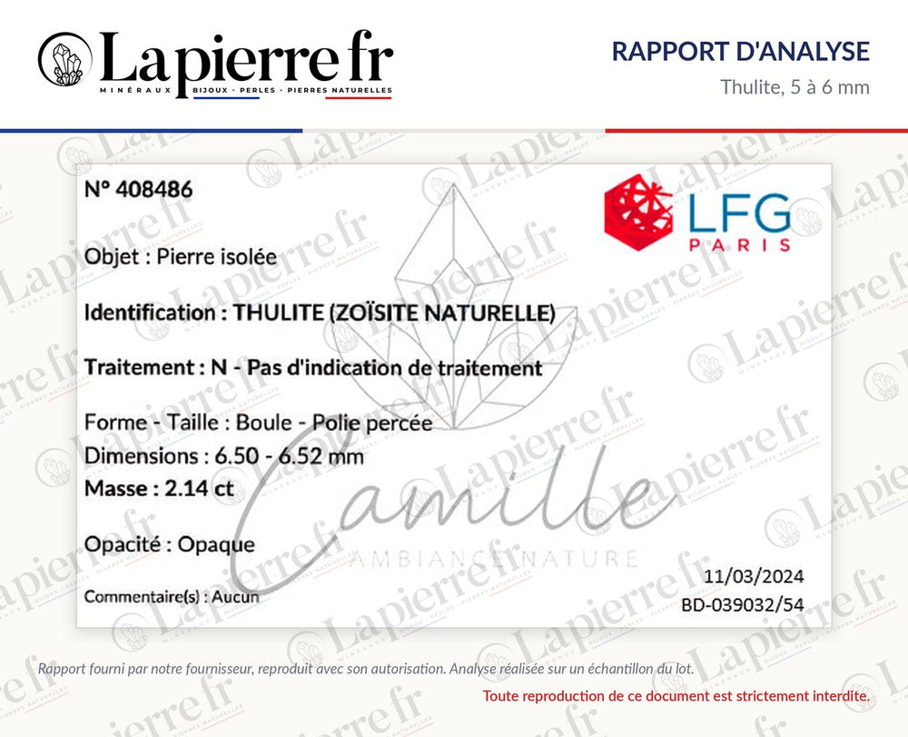 Rapport d'analyse des perles en thulite 5 à 6 mm, La Pierre FR