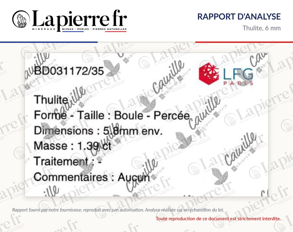 Rapport d'analyse des perles en thulite 6 mm, La Pierre FR