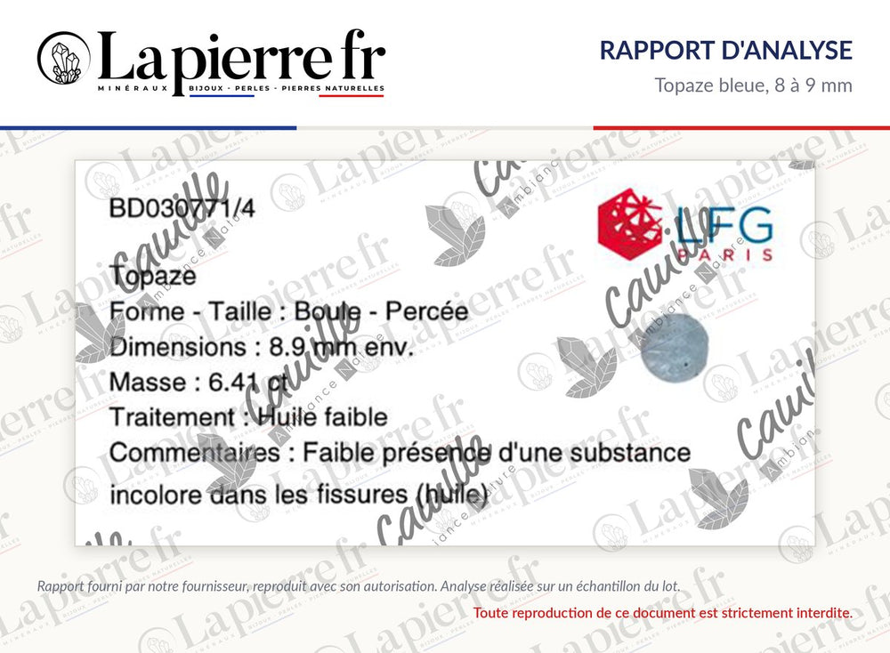 Rapport d'analyse des perles en topaze bleue 8 à 9 mm, La Pierre FR