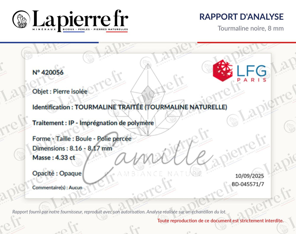 Rapport d'analyse des perles en tourmaline noire 8 mm, La Pierre FR