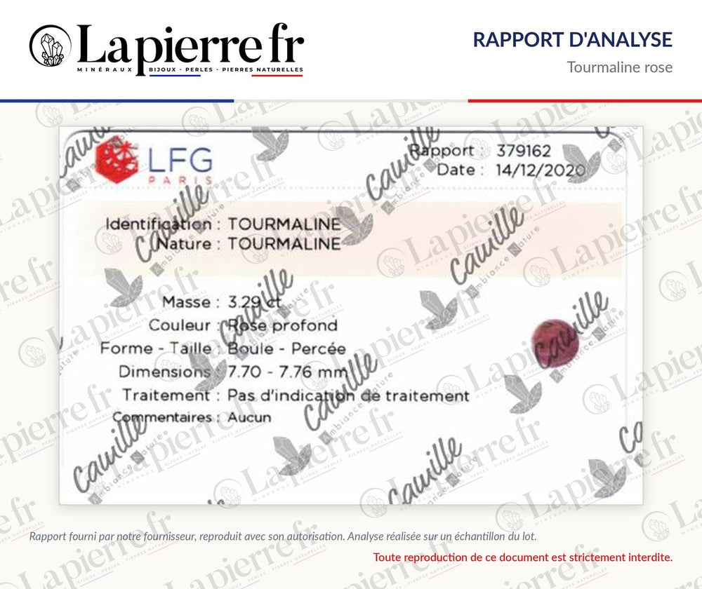 Rapport d'analyse des perles en tourmaline rose, La Pierre FR