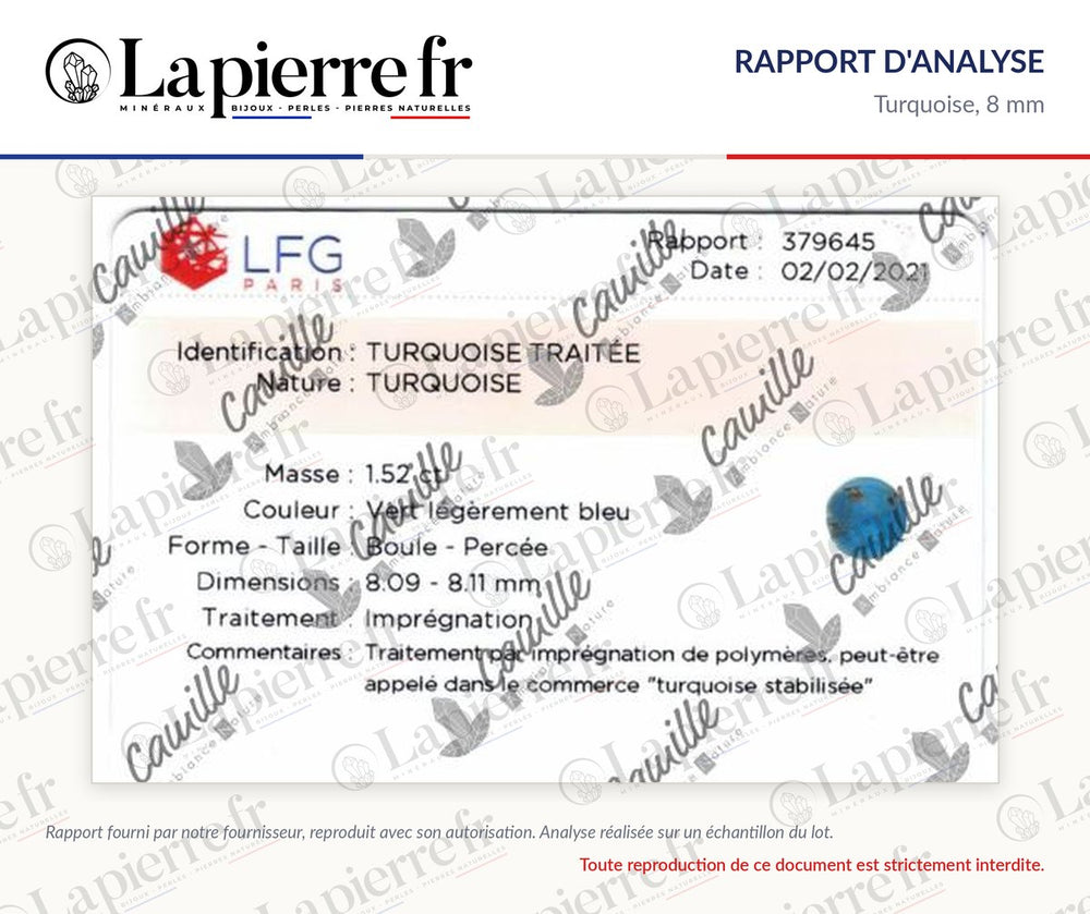 Rapport d'analyse des perles en turquoise 8 mm, La Pierre FR