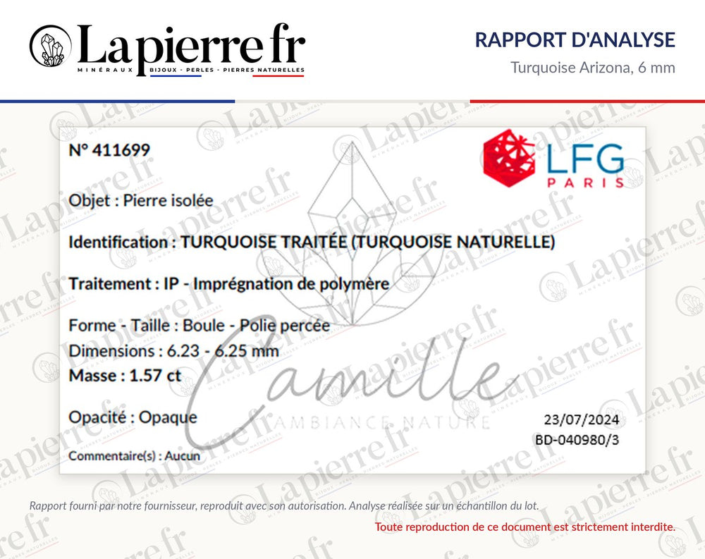 Rapport d'analyse des perles en turquoise Arizona 6 mm, La Pierre FR