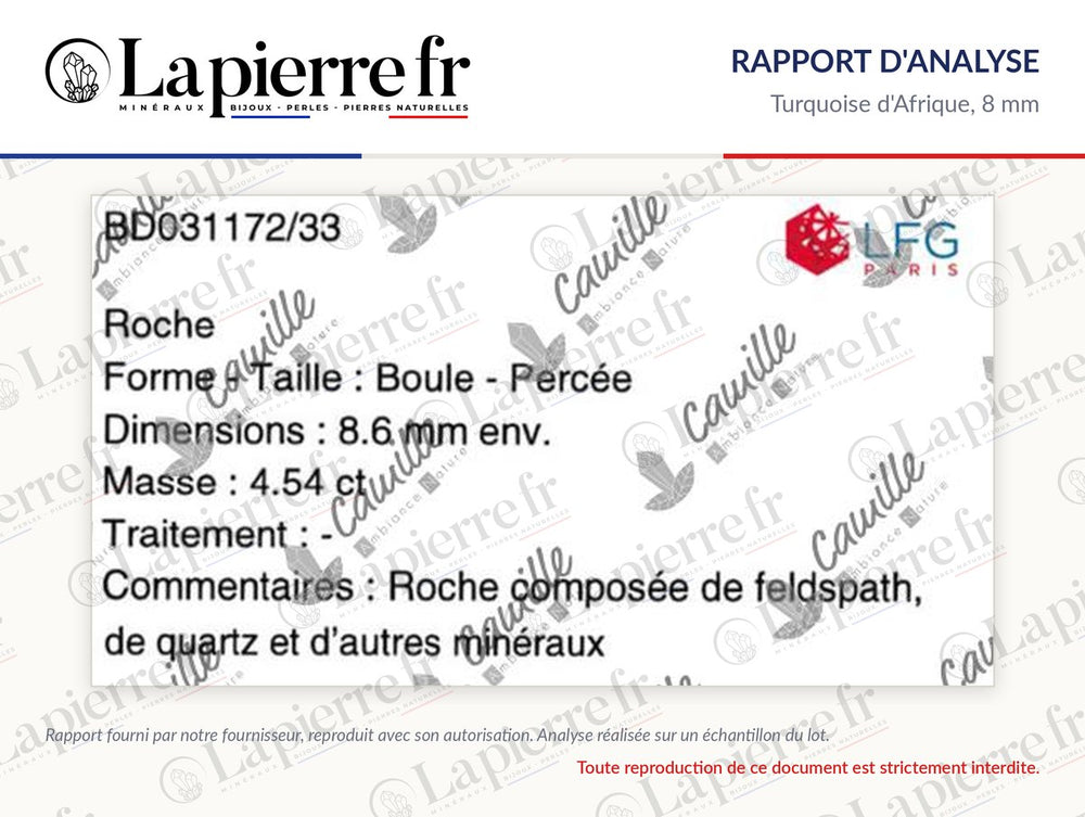 Rapport d'analyse des perles en turquoise d'Afrique 8 mm, La Pierre FR