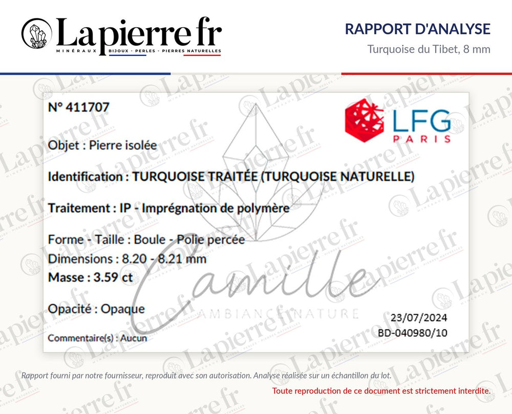 Rapport d'analyse des perles en turquoise du Tibet 8 mm, La Pierre FR