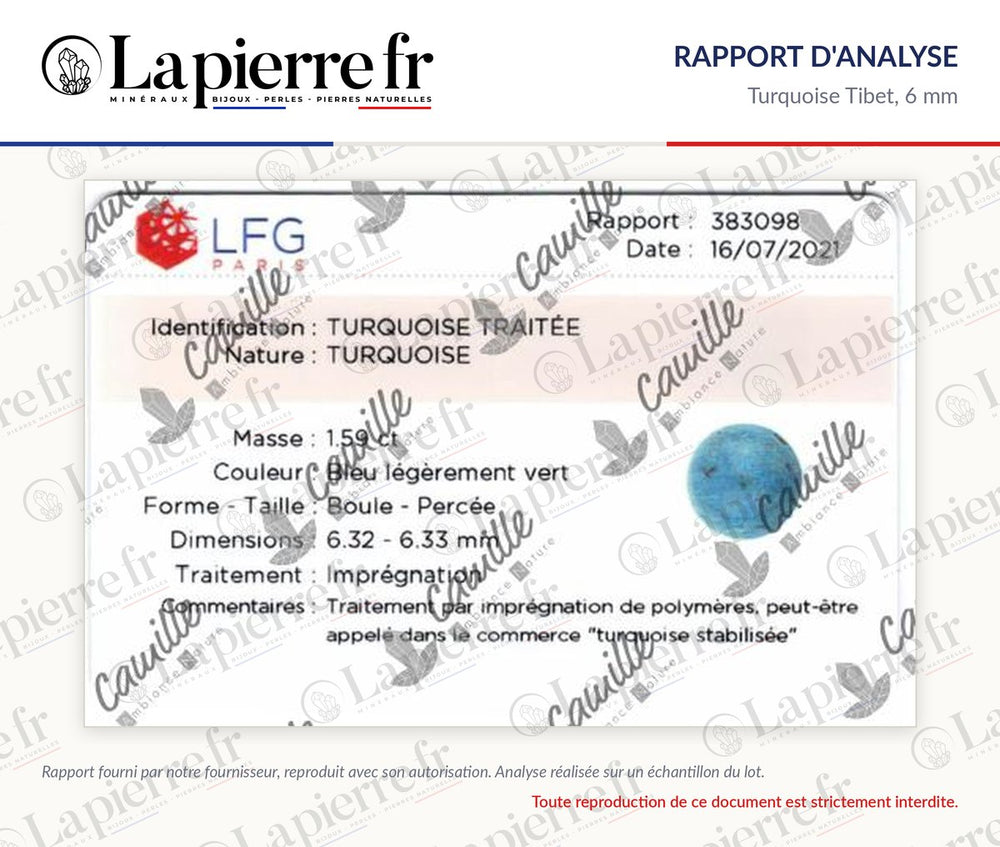 Rapport d'analyse des perles en turquoise Tibet 6 mm, La Pierre FR