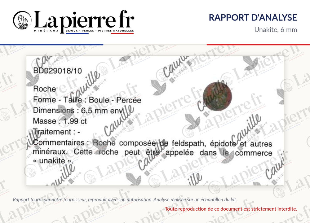 Rapport d'analyse des perles en unakite 6 mm, La Pierre FR