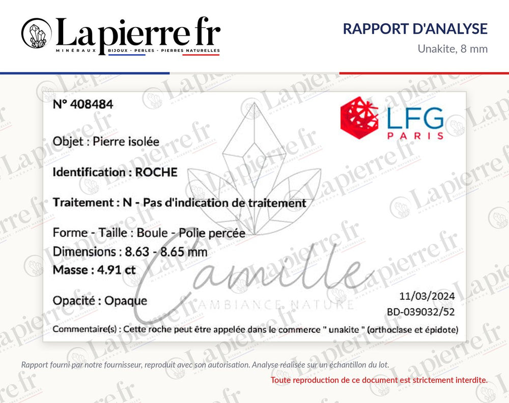 Rapport d'analyse des perles en unakite 8 mm, La Pierre FR