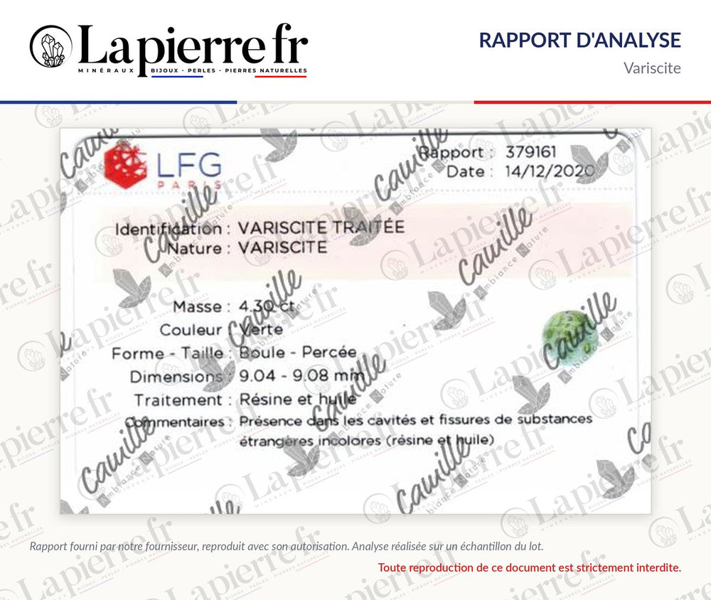 Rapport d'analyse des perles en variscite, La Pierre FR