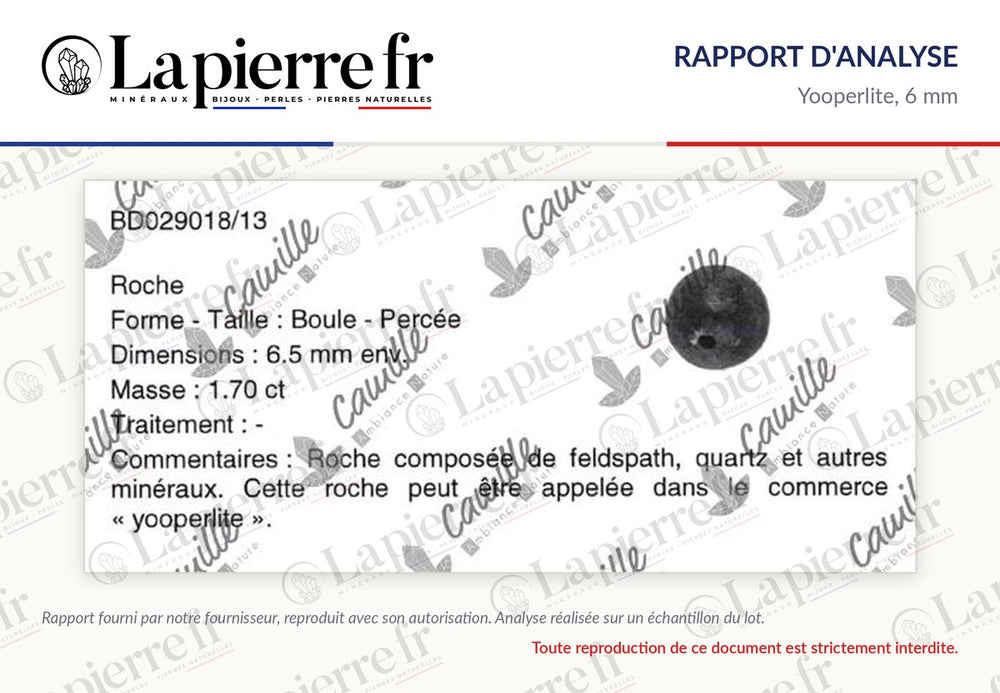 Rapport d'analyse des perles en yooperlite 6 mm, La Pierre FR