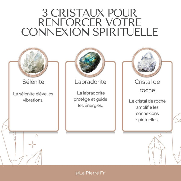 Pierres pour renforcer la connexion spirituelle : sélénite, améthyste, cristal de roche.