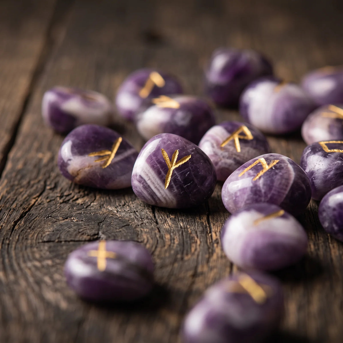 Runes divinatoires en améthyste, pierre naturelle aux symboles gravés à l'or