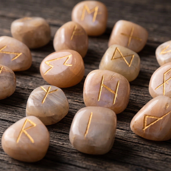 Runes futhark en pierre de lune, pierre naturelle aux symboles gravés à l'or