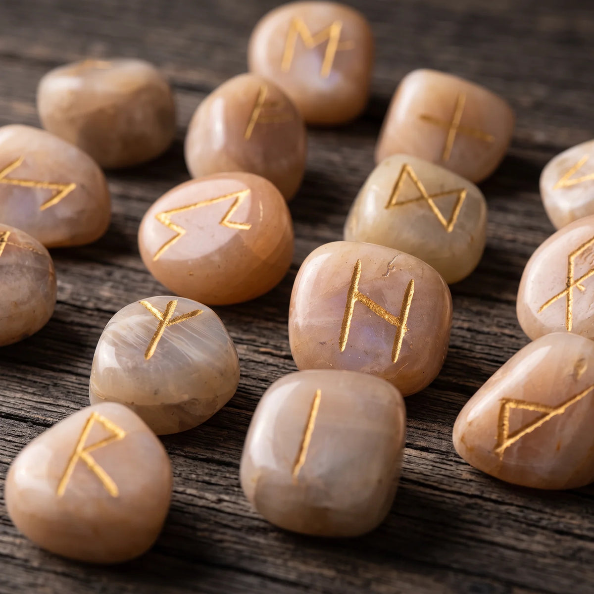 Runes futhark en pierre de lune, pierre naturelle aux symboles gravés à l'or