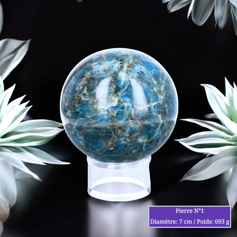Sphère d'Apatite Bleue, boule en pierre naturelle bleue pour lithothérapie et décoration