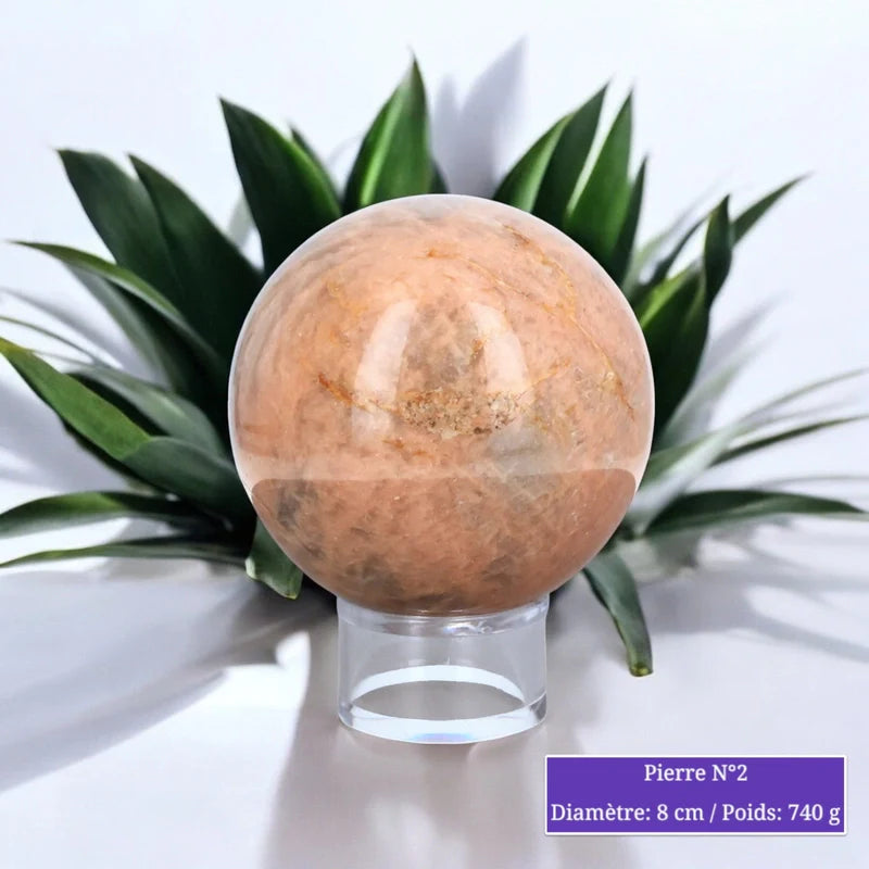 Détail de la sphère de Pierre de Lune Orange, pierre naturelle polie
