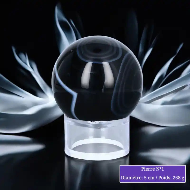Sphère d'Agate Noire, boule en pierre naturelle noire pour lithothérapie et décoration