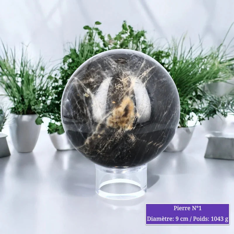 Sphère de Pierre de Lune Noire, boule en pierre naturelle pour lithothérapie et décoration