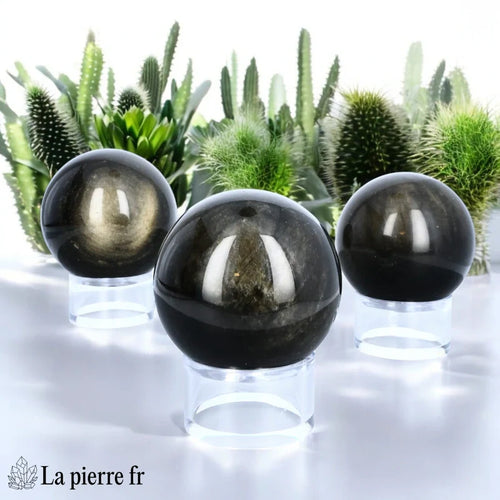 Sphère Obsidienne Dorée, boule en pierre noire naturelle