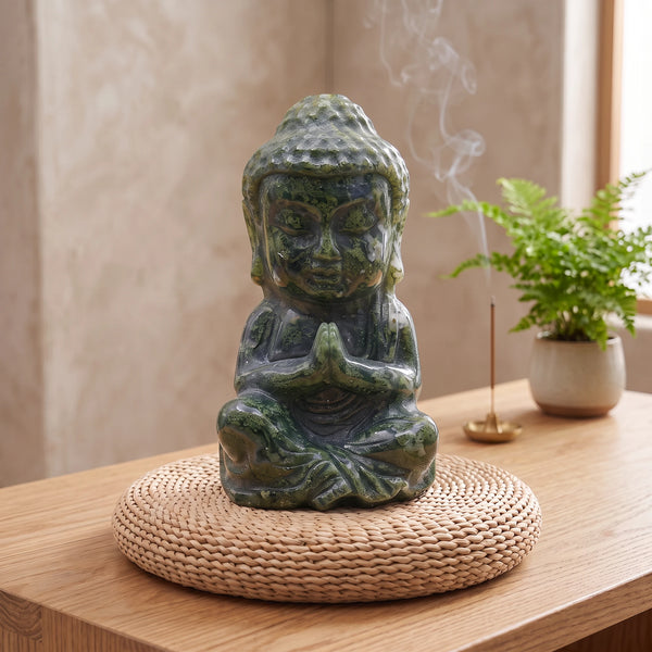 Statue Bouddha de méditation vert en agate mousse sur un coussin tressé