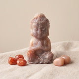 Bouddha en Pierre de Soleil et Pierre de Lune, Pièce Rare 12 cm