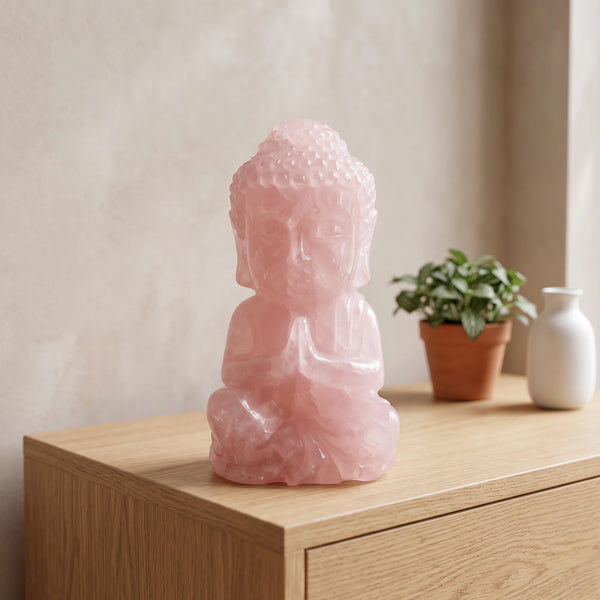 Statue Bouddha rose en quartz rose, pierre naturelle posée sur une commode en bois