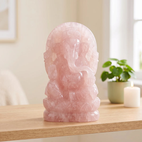 Statue Ganesh rose en quartz rose du Brésil posée dans un intérieur lumineux